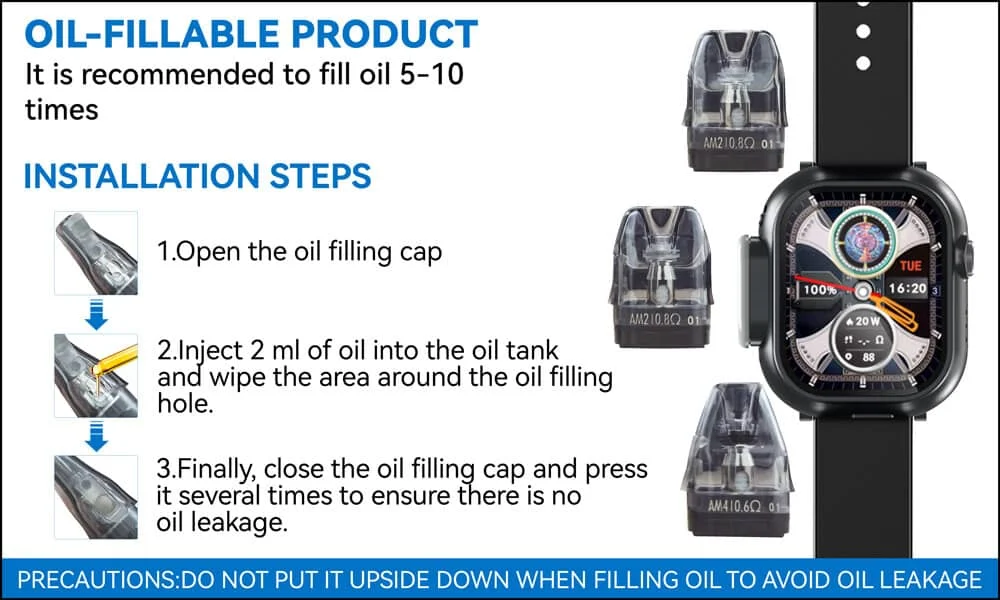 Replaceable Vape pod systemThe 2ml Vape pod system can be refilled repeatedly e-liquid Vapmind Vape smart vape watch
