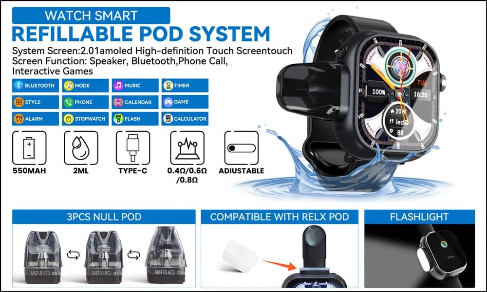 Smart Watch E-Cigarette Vape Pod Wearable Watch Vapmind Vape Watch Vape Pod Watch Best Vape